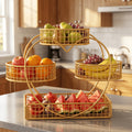 Three-Tier Gold-Tone Wire Fruit Basket with Three Round Bowls and Rectangular Countertop Base