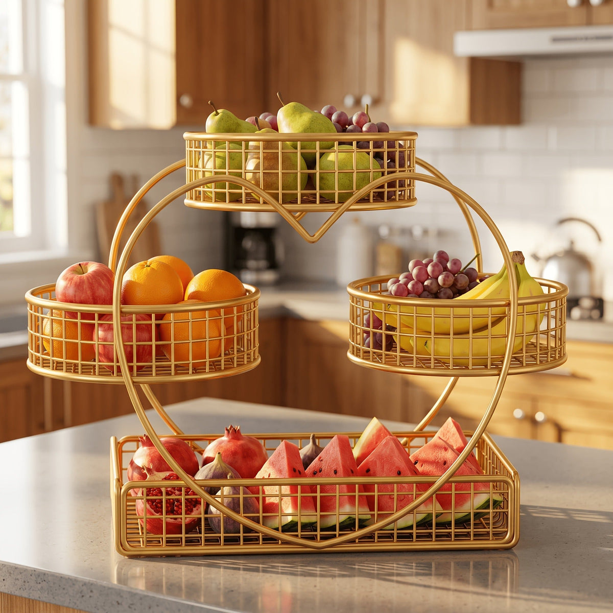 Three-Tier Gold-Tone Wire Fruit Basket with Three Round Bowls and Rectangular Countertop Base