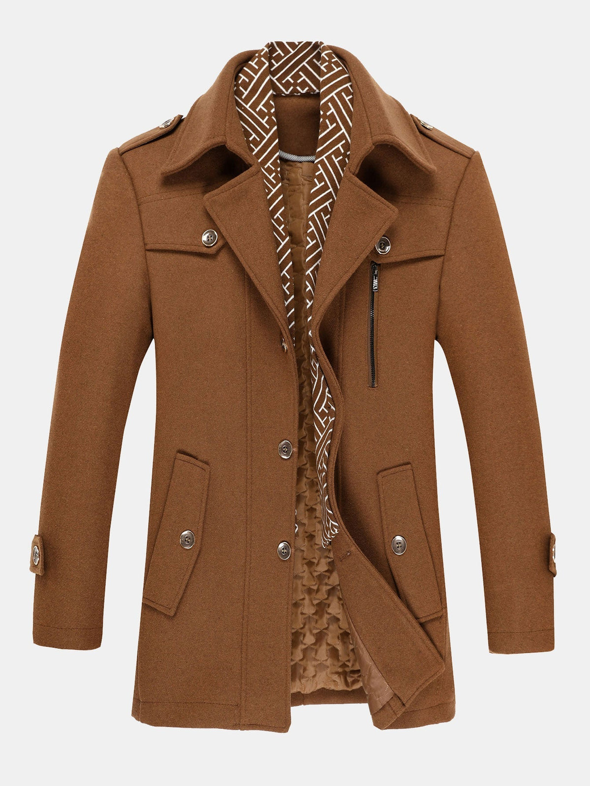 Quilted Lined Double Layer Detachable Scarf Neck Woolen Coat