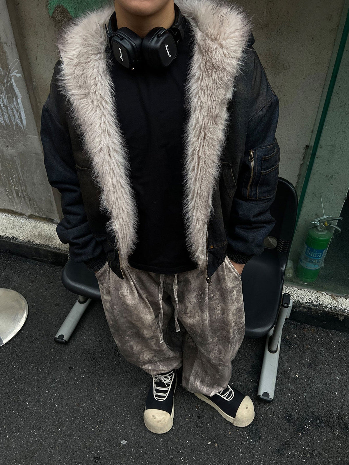 Boxy Faux Fur Collar Washed Denim Hooded Jacket