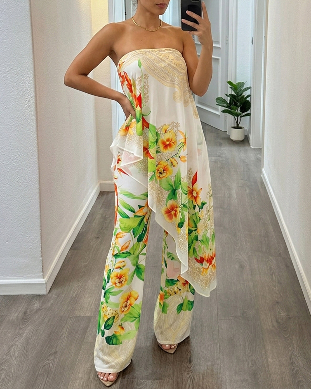 Tropischer Damen-Jumpsuit mit Blumenmuster, sexy trägerloser Schlauch-Overall, hochtaillierter Fake-Zweiteiler mit abnehmbaren transparenten Trägern