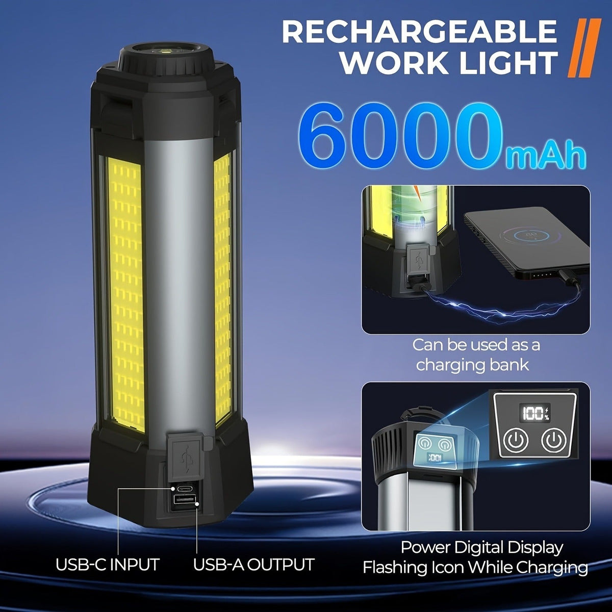 Camping Lantern with Rechargeable USB Power and Tripod Stand, LED Work Light Featuring Ten Lighting Modes