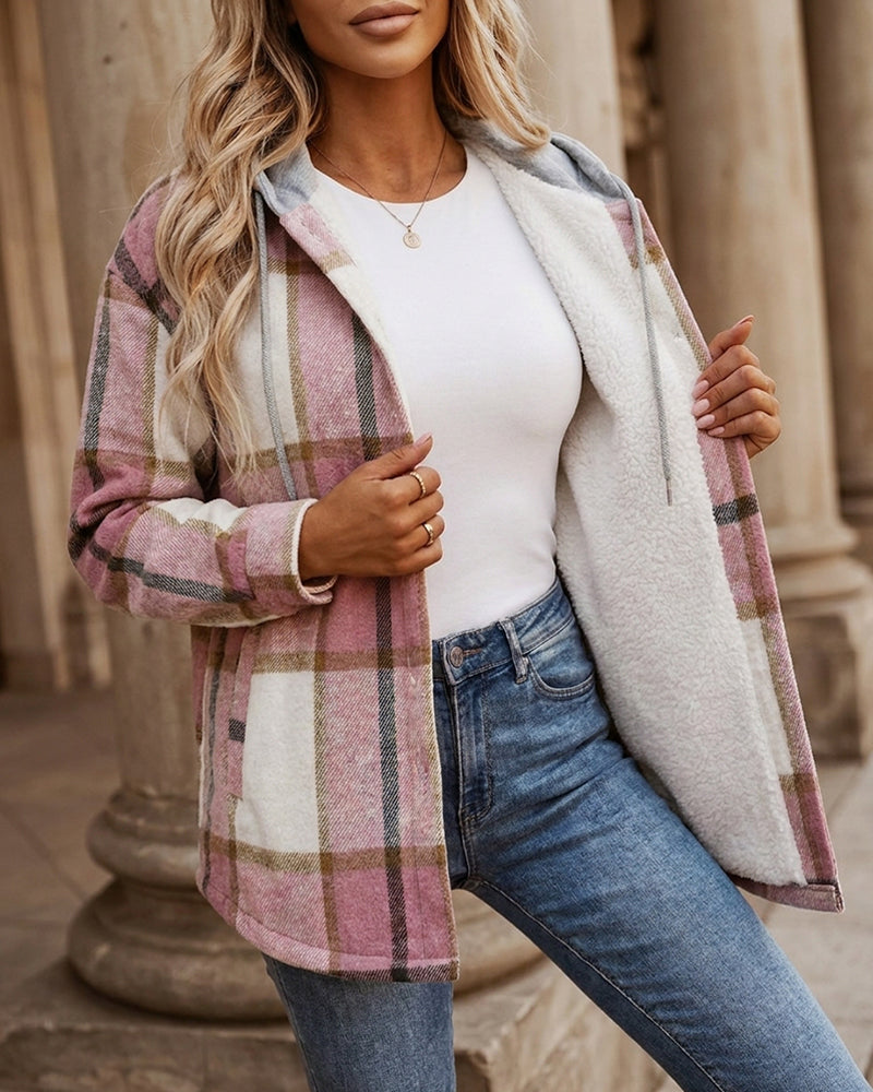 Plaid Print Long Sleeve Button Front Drawstring Hoodie Coat Casual Pocket Design Thermal Lined Shirt Coat