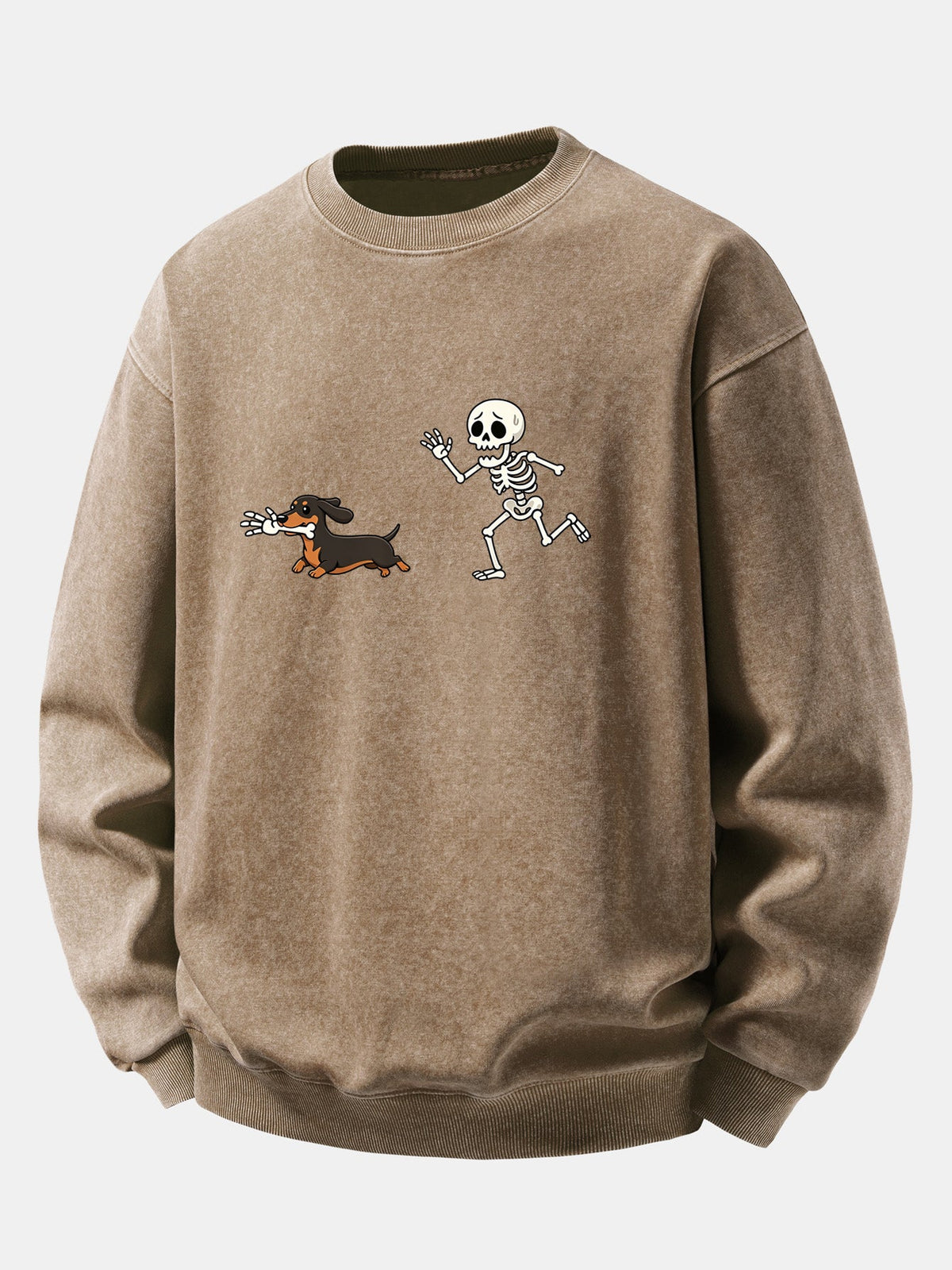 Relaxed Fit Skeleton Chasing Dachshund Print Washed Distressed Sweatshirt