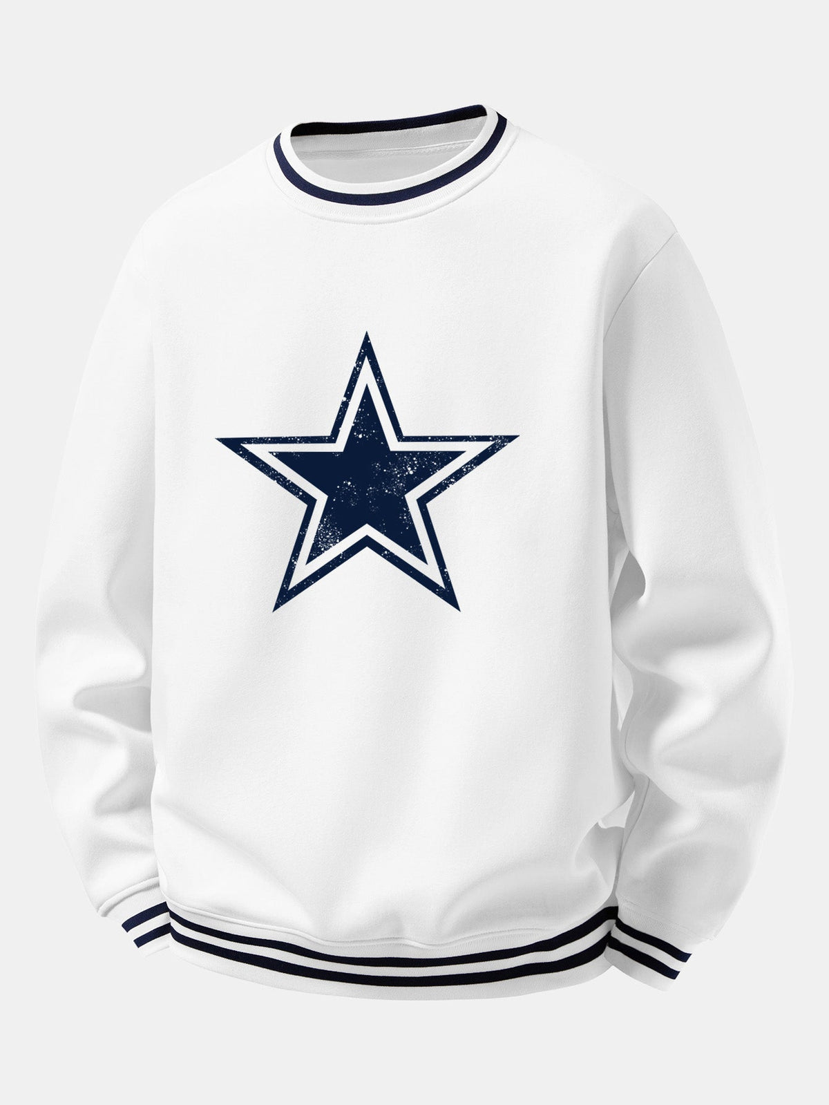 Star Print Striped Ribbed Trim Crew Neck Sweatshirt