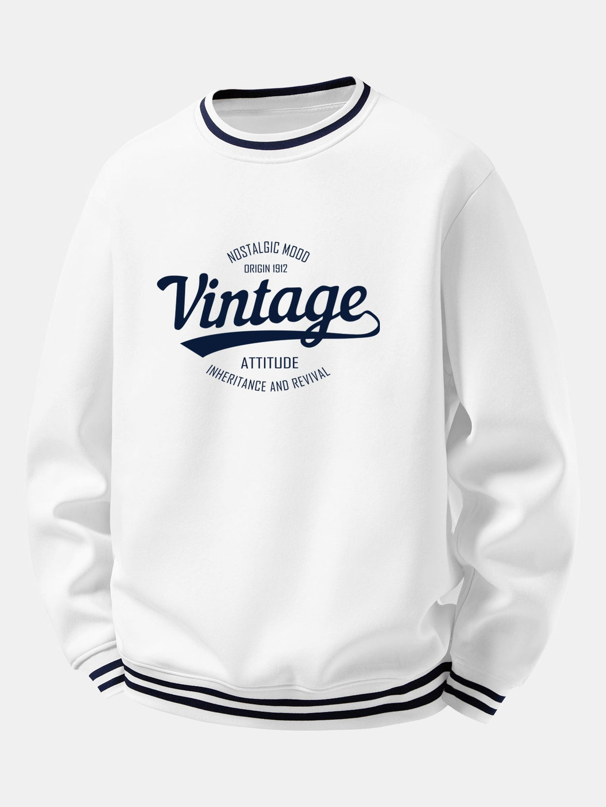 Vintage Print Striped Ribbed Trim Crew Neck Sweatshirt