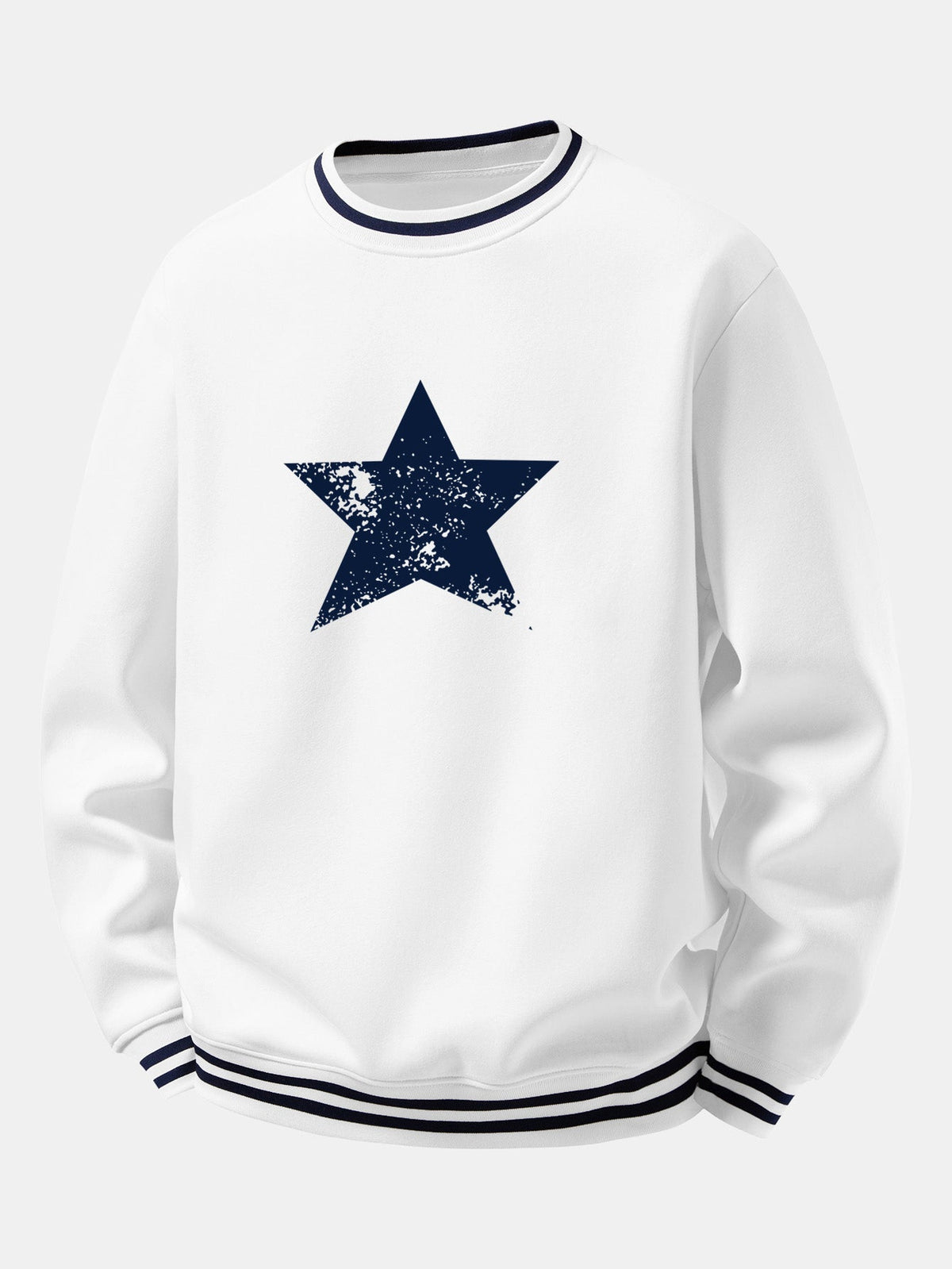 Star Print Striped Ribbed Trim Crew Neck Sweatshirt