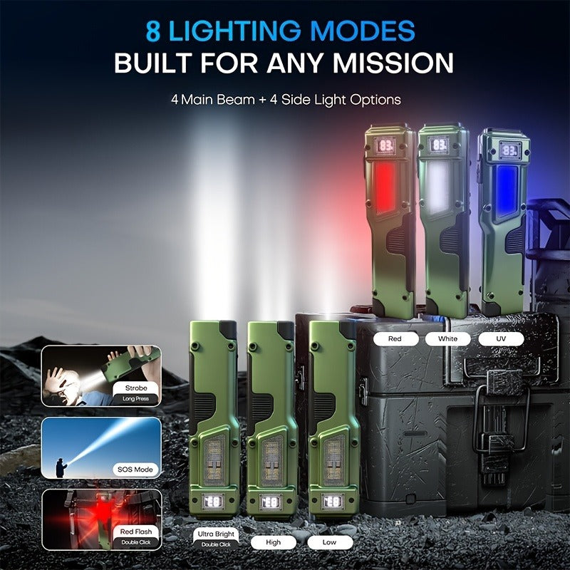 Flashlight Flat EDC Torch with Eight Modes, UV Light, Digital Display, Type-C Charging and Safety Lock