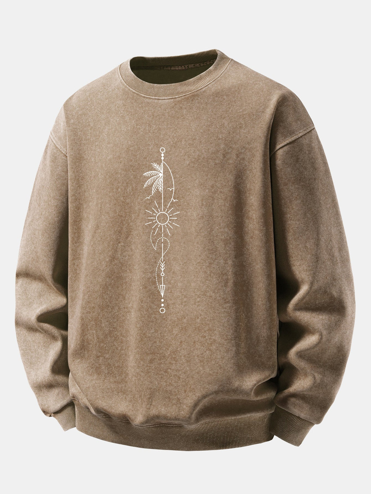 Relaxed Fit Sun Palm Tree Arrow Print Washed Distressed Sweatshirt