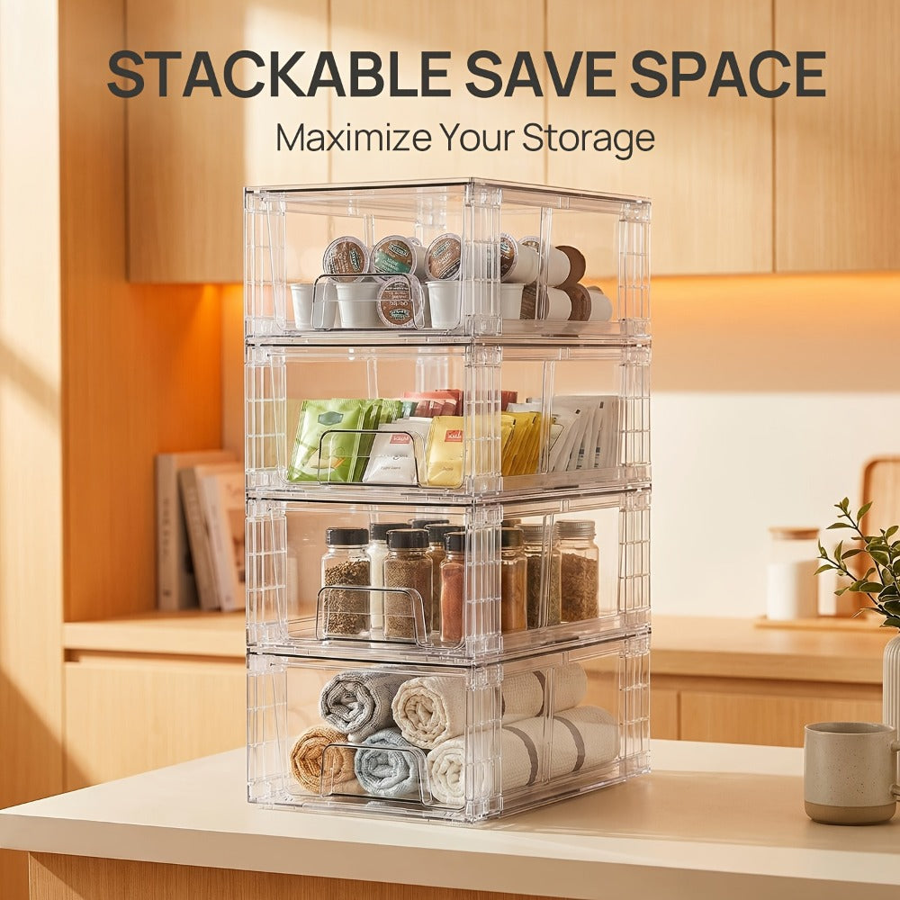 Clear Acrylic Storage Drawers with Handles - Stackable Refrigerator and Pantry Organizer Bins for Snacks Fruits and Vegetables