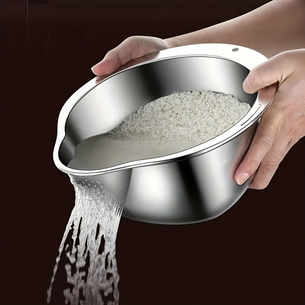 Stainless Steel Kitchen Colander with Handle - Multipurpose Rice Strainer Mesh Basket for Washing Rice