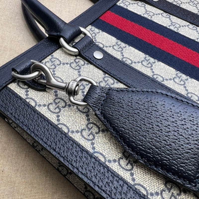 Gucci Ophidia GG Supreme Medium Tote Bag – Navy Leather Trim Web Stripe Silver GG