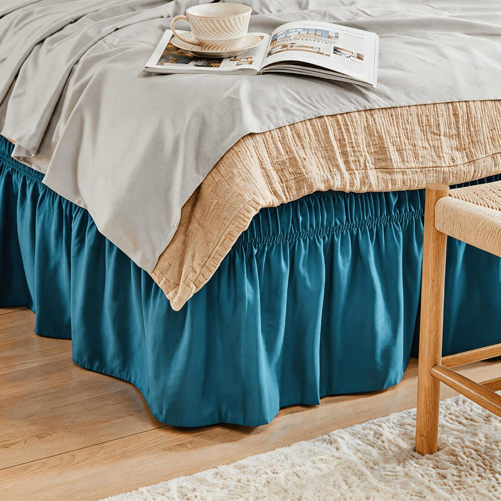 Bed Skirt Elastic Wrap Around Ruffle - 15 Inch Drop Microfiber Dust Ruffle, Adjustable No-Lift Fit, Fade Resistant Machine Washable, Hotel Quality Bedskirt for Twin Full Queen King, 30 Colors