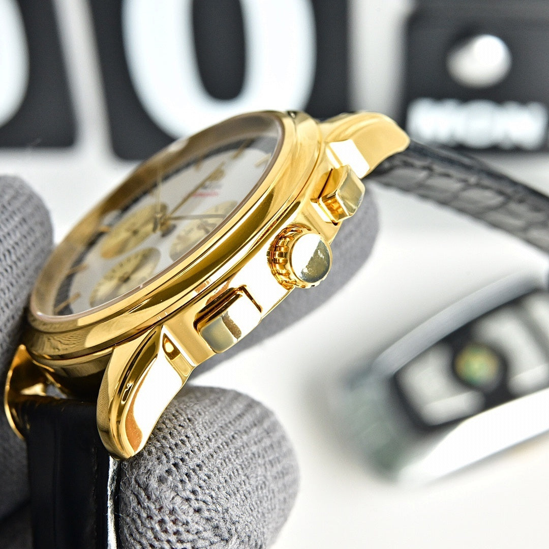 Omega Seamaster Chronograph – Yellow Gold White Dial Gold Sub-Dials Black Chapter Ring Red Script Leather Strap