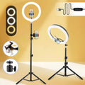 10- or 12-Inch USB Ring Light with Retractable Floor Tripod, Center Phone Holder and Lighting Options