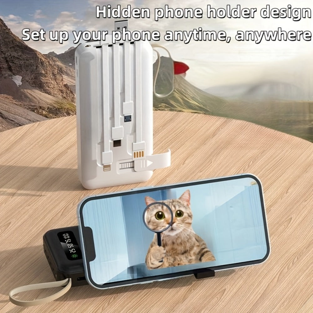Solar Power Bank for Portable Device Charging, Built-In Cables and Digital Display, 10000-30000mAh