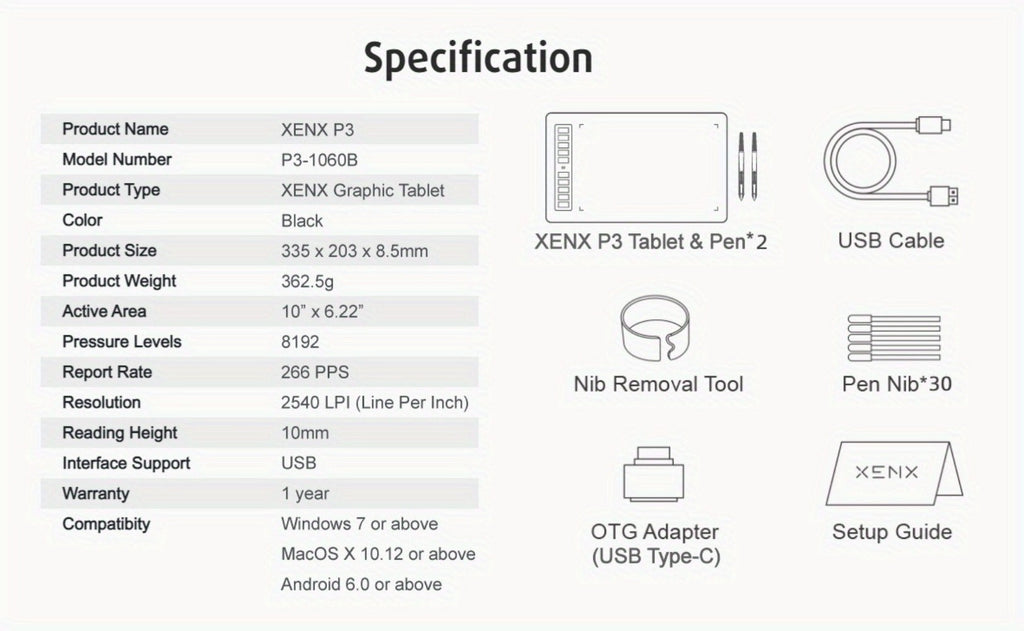 Graphics Drawing Tablet, XENX 10 x 6.22 Inch, 8192 Pressure Sensitivity Battery-Free Passive Stylus