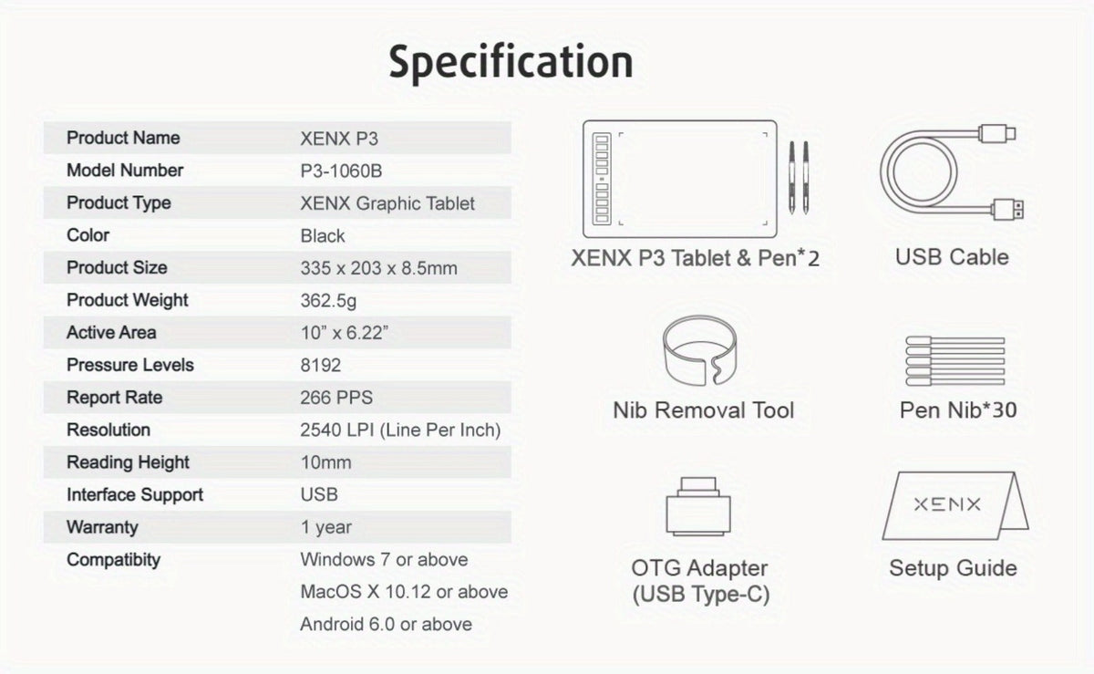 Graphics Drawing Tablet, XENX 10 x 6.22 Inch, 8192 Pressure Sensitivity Battery-Free Passive Stylus
