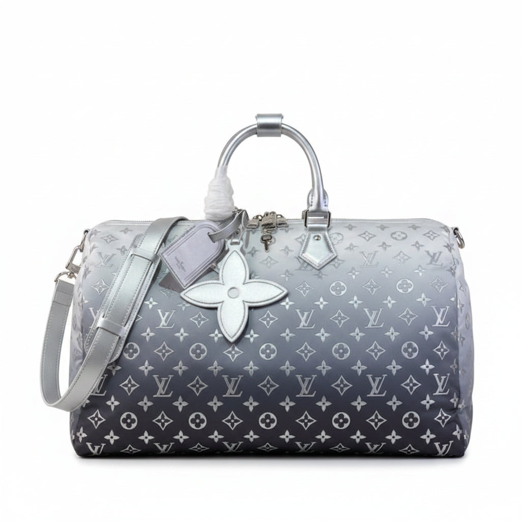 Louis Vuitton Keepall Bandoulière 50 – Silver Grey Gradient Monogram Giant LV Flower Patch