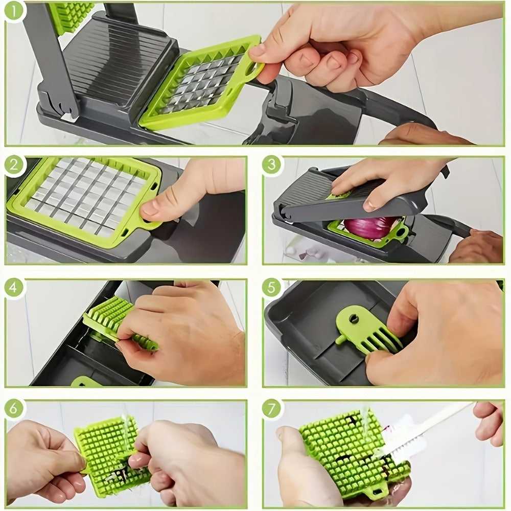 16-in-1 Vegetable Chopper Set with 8 Interchangeable Blades, Manual Food Chopper with Container, Peeler & Filter for Onion