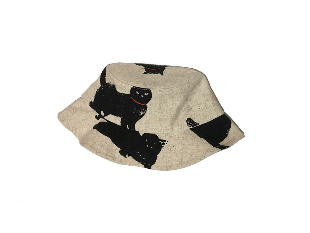 Henderson Black Cat Print Cotton Linen Bucket Hat – Flat Brim, Unisex