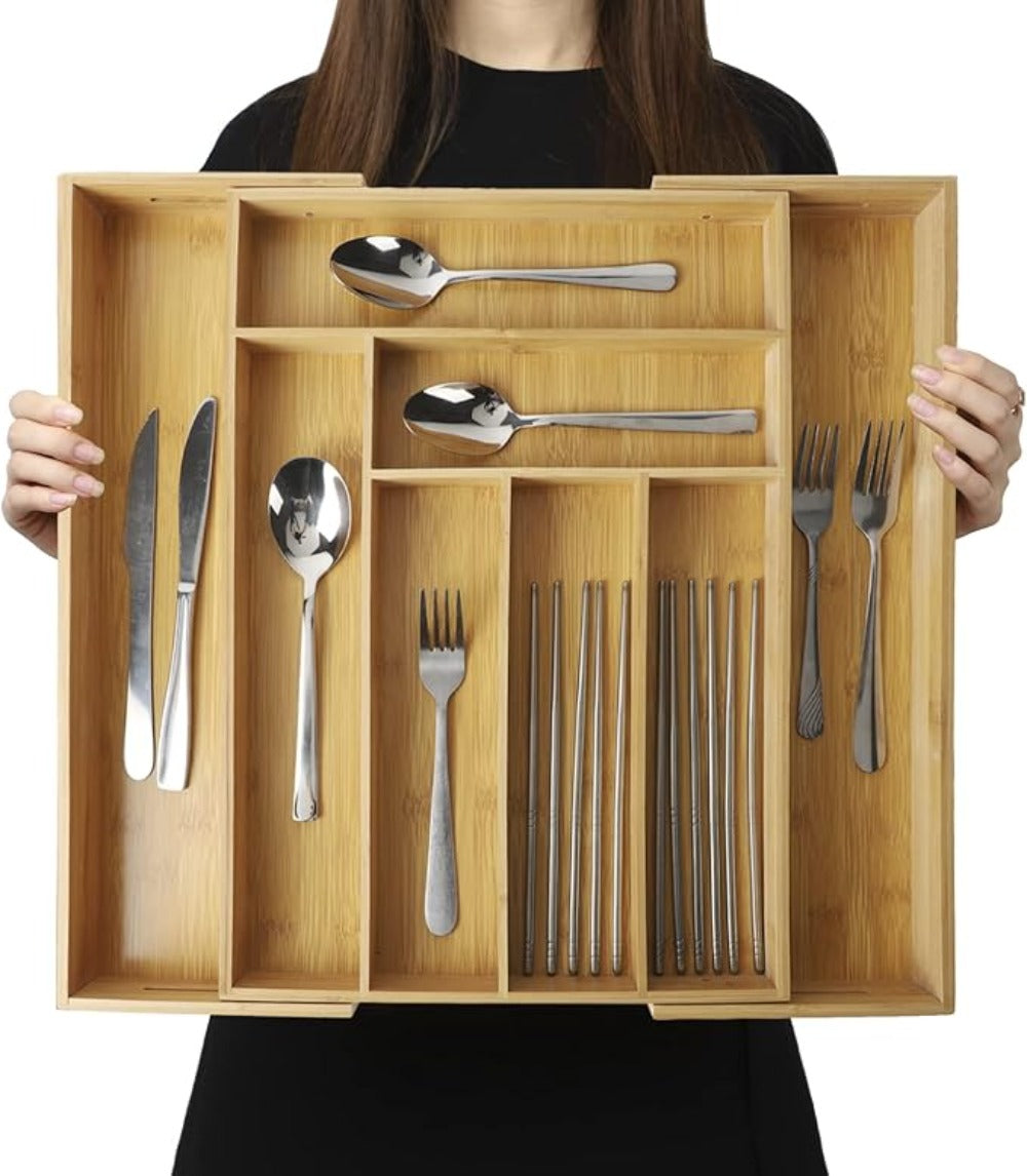 Nine-Compartment Bamboo Drawer Organizer, Expandable Adjustable Silverware and Cutlery Tray for Kitchen Storage