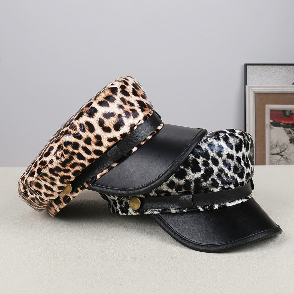 Finn Leopard Print Faux Leather Beret Hat