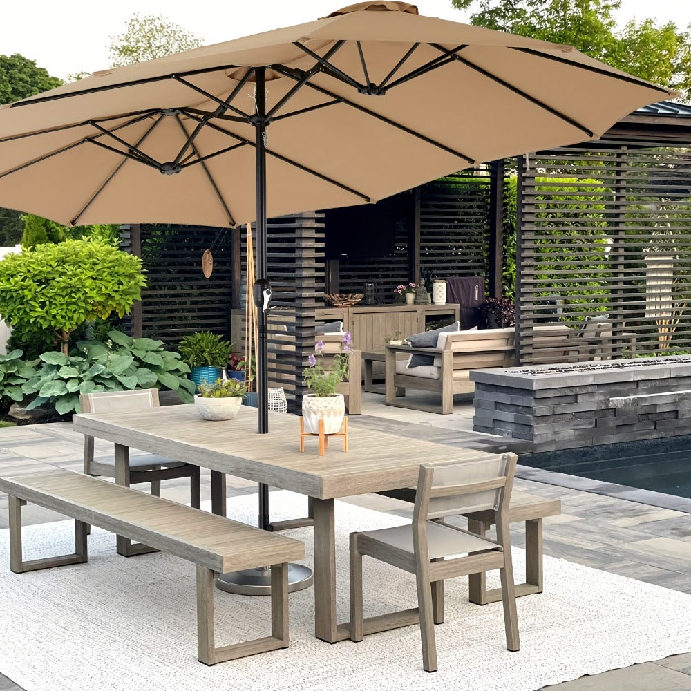 Patio Umbrella 7.5FT to 15FT Market Style with Tilt, Crank and Variant-Specific 10FT LED Lights