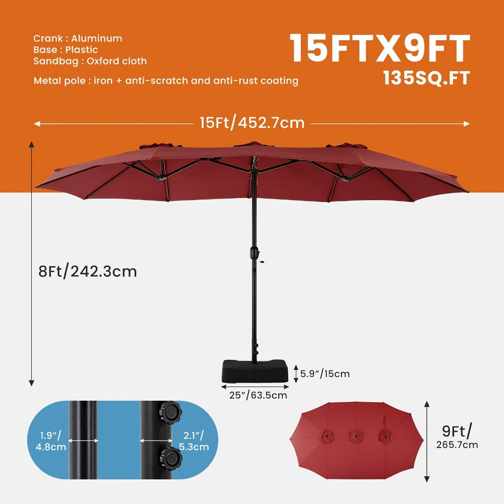 Patio Umbrella 7.5FT to 15FT Market Style with Tilt, Crank and Variant-Specific 10FT LED Lights