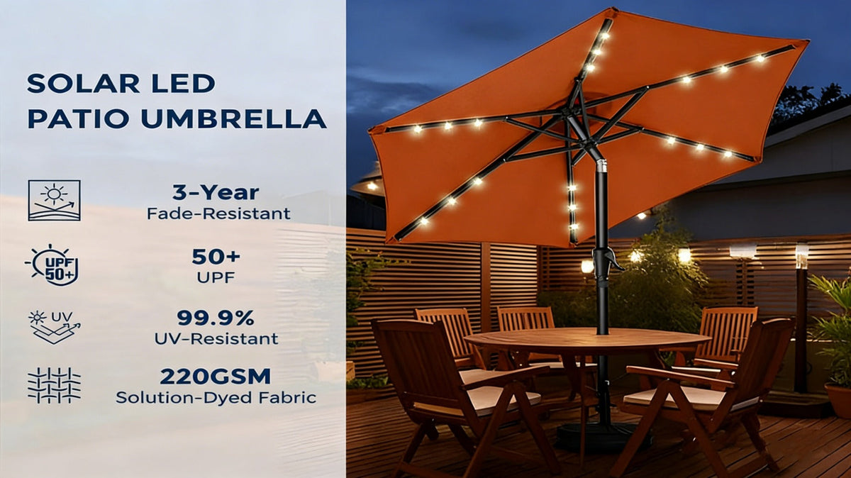 Patio Umbrella 7.5FT Solar LED Style with 18 Lights, 1800mAh Panel, Tilt, Crank and No Base