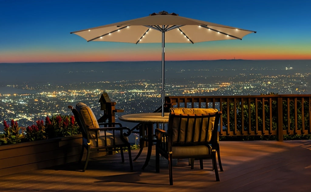 Patio Umbrella 7.5FT Solar LED Style with 18 Lights, 1800mAh Panel, Tilt, Crank and No Base