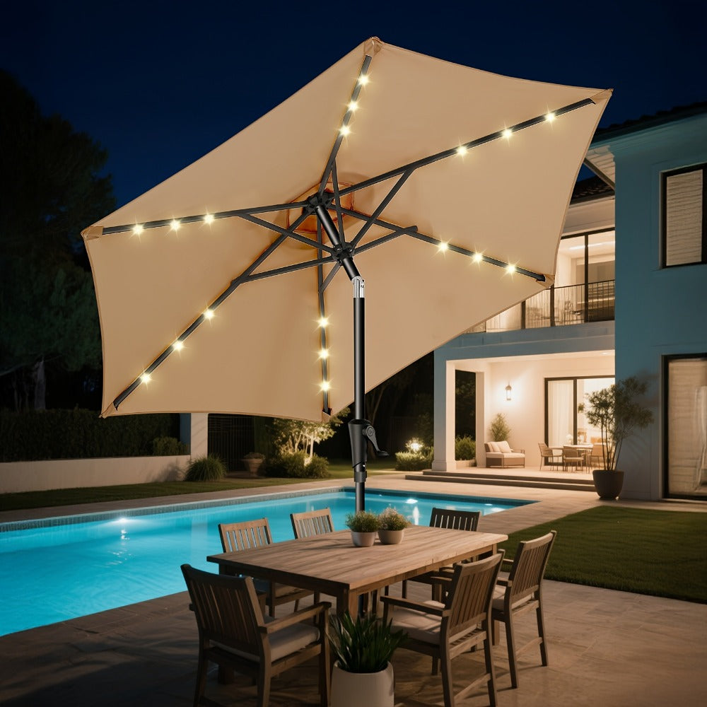 Patio Umbrella 7.5FT Solar LED Style with 18 Lights, 1800mAh Panel, Tilt, Crank and No Base