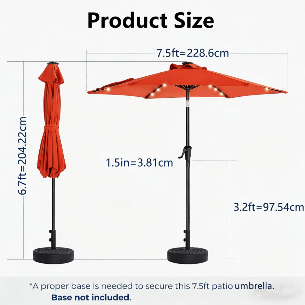 Patio Umbrella 7.5FT Solar LED Style with 18 Lights, 1800mAh Panel, Tilt, Crank and No Base