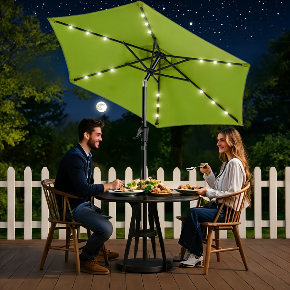 Patio Umbrella 7.5FT Solar LED Style with 18 Lights, 1800mAh Panel, Tilt, Crank and No Base