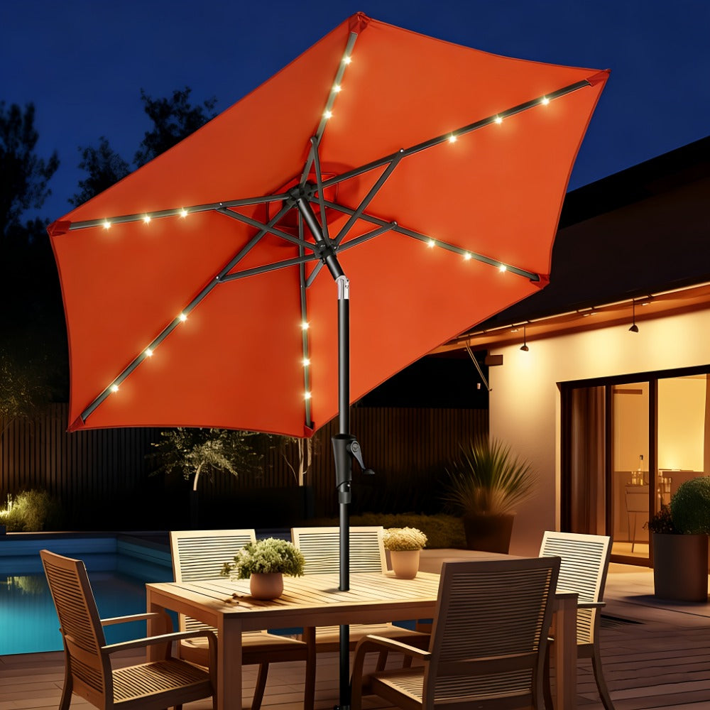 Patio Umbrella 7.5FT Solar LED Style with 18 Lights, 1800mAh Panel, Tilt, Crank and No Base