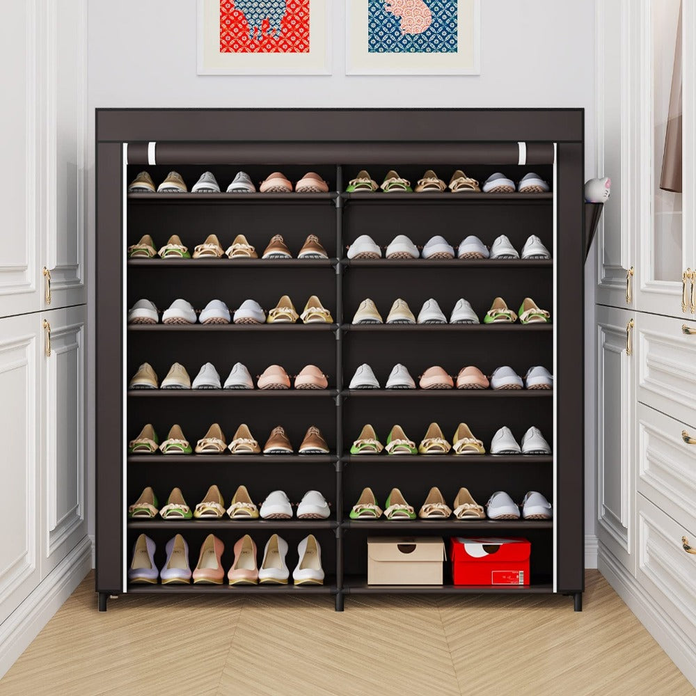 Shoe Cabinet, Furn Mivo Wide 7-Tier Fabric-Cover Organizer in Coffee or Black Finish Options
