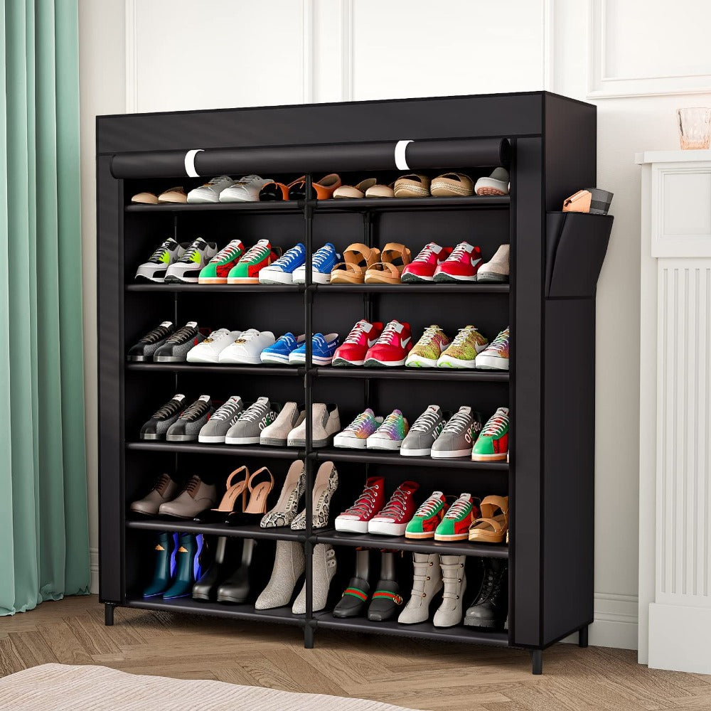 Shoe Cabinet, Furn Mivo Wide 7-Tier Fabric-Cover Organizer in Coffee or Black Finish Options