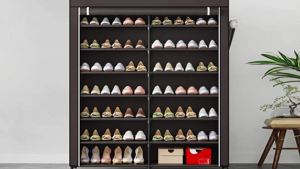Shoe Cabinet, Furn Mivo Wide 7-Tier Fabric-Cover Organizer in Coffee or Black Finish Options