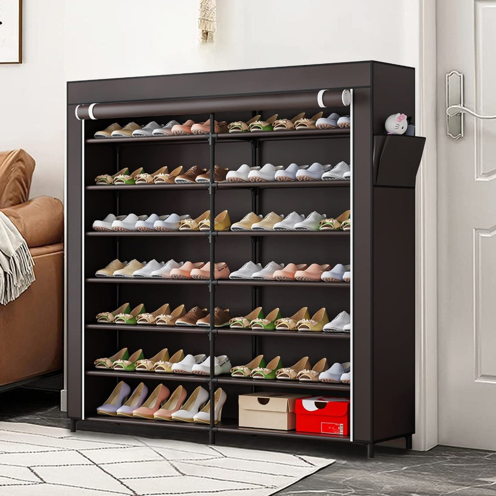 Shoe Cabinet, Furn Mivo Wide 7-Tier Fabric-Cover Organizer in Coffee or Black Finish Options