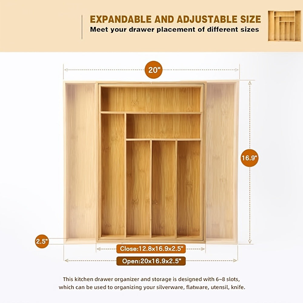 Nine-Compartment Bamboo Drawer Organizer, Expandable Adjustable Silverware and Cutlery Tray for Kitchen Storage