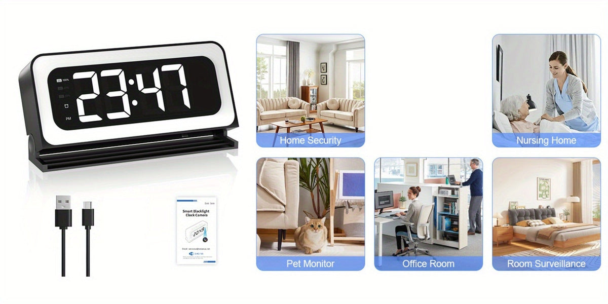Security Camera 2K Clock-Format Model with Dual-Band WiFi, Color Night Vision, Motion Detection and Two-Way Talk