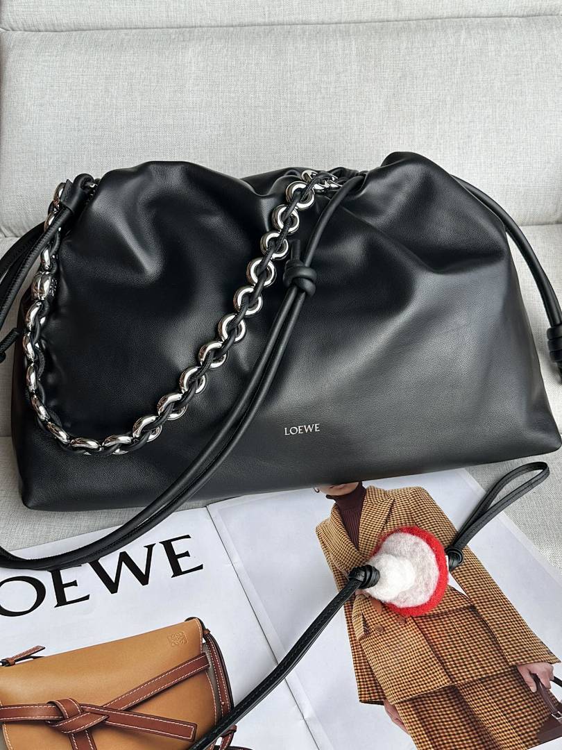 Loewe Flamenco Clutch Large – Black Nappa Leather Silver Chain Mushroom Charm