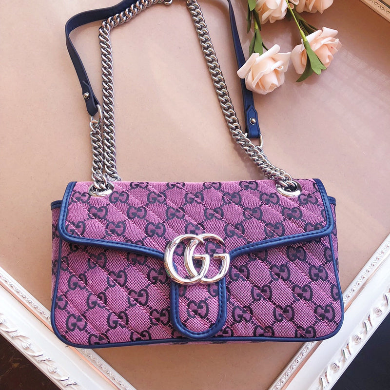 Gucci GG Marmont Small Shoulder Bag – Quilted GG Canvas Pink Purple & Green Navy