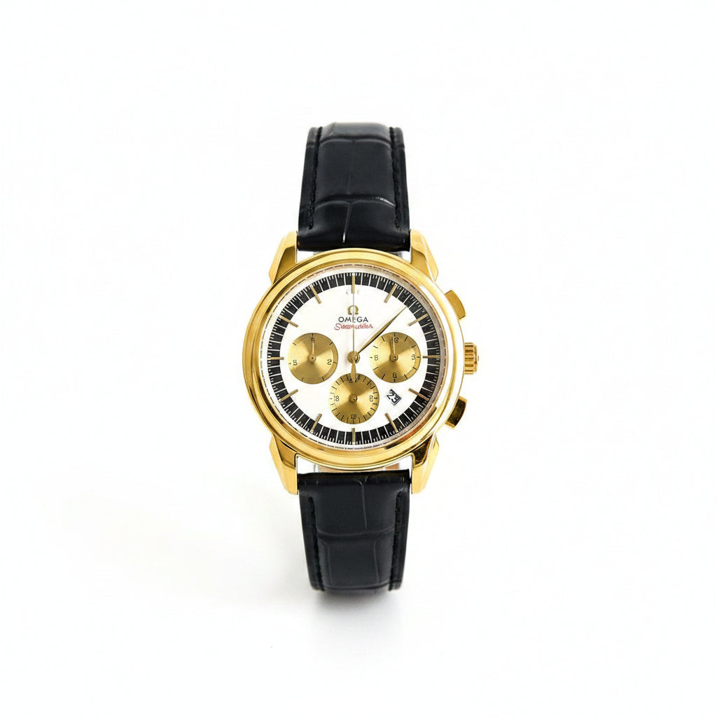 Omega Seamaster Chronograph – Yellow Gold White Dial Gold Sub-Dials Black Chapter Ring Red Script Leather Strap