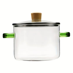 1.6L Transparent Glass Cooking Pot with Lid and Green or Yellow Side Handles for Soup, Noodles and Milk