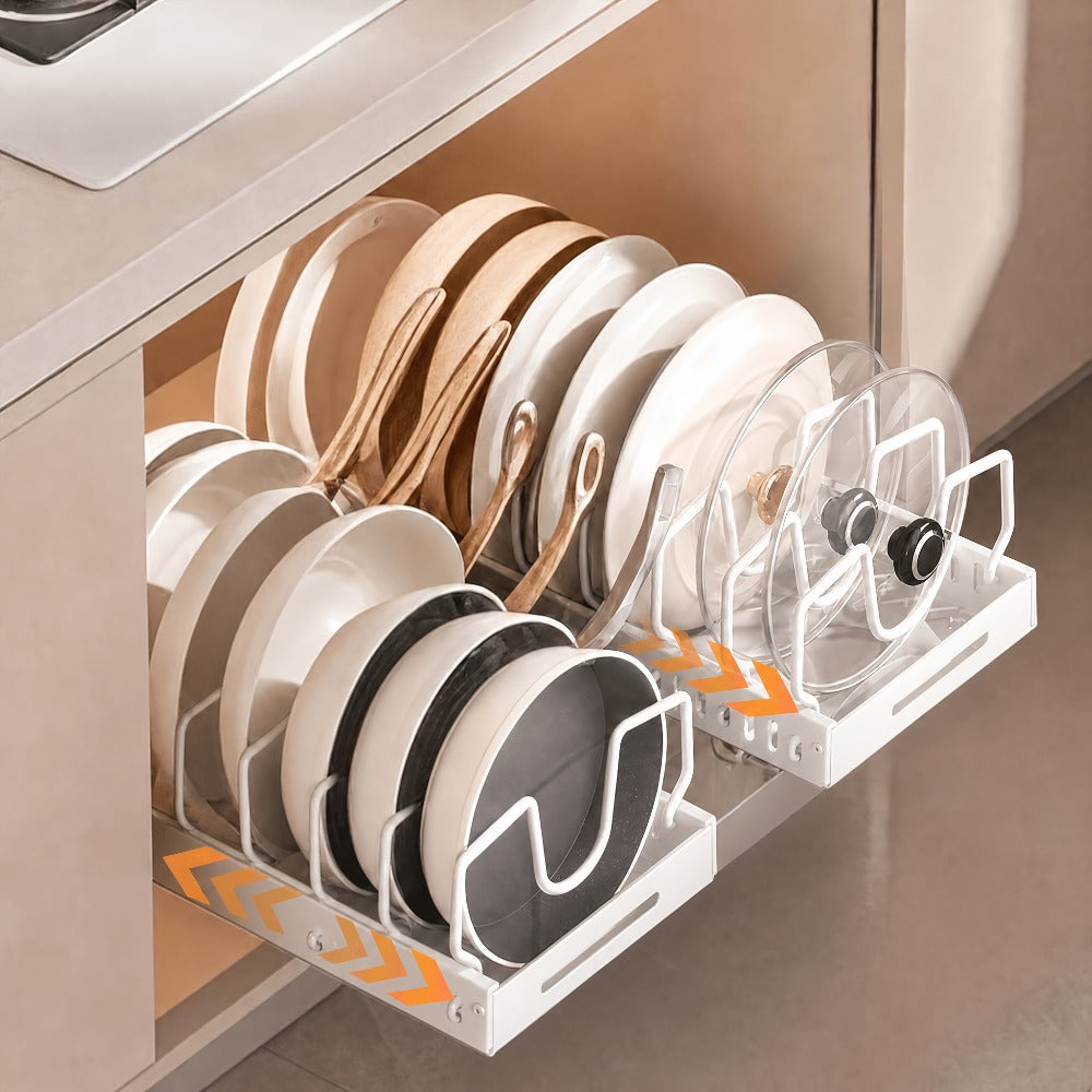 Pull-Out Pot and Pan Lid Rack Cabinet Sliding Storage Organizer - Kitchen Cabinet Slide-Out Box with 8/16 Adjustable Dividers for Lids