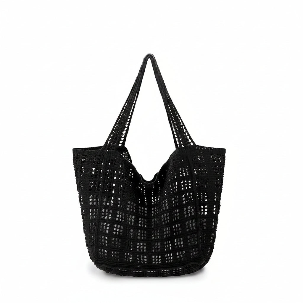 Women's Black Open-Weave Crochet Tote Beach Bag
