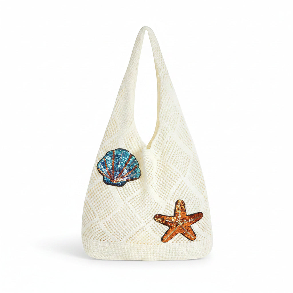 Women's Cream Crochet Beach Bag with Sequin Seashell & Starfish