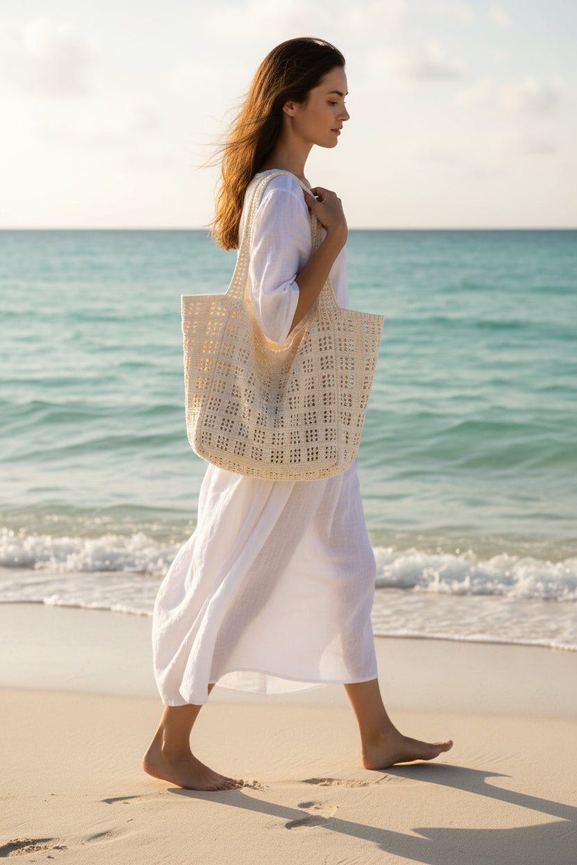 Women's Cream Open-Weave Crochet Tote Beach Bag