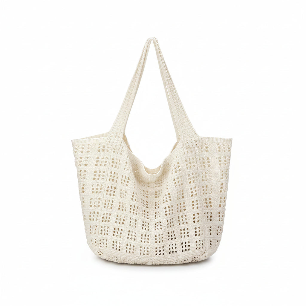 Women's Cream Open-Weave Crochet Tote Beach Bag
